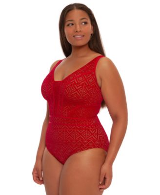Plus Size Color Play Crochet Plunge One-Piece Swimsuit