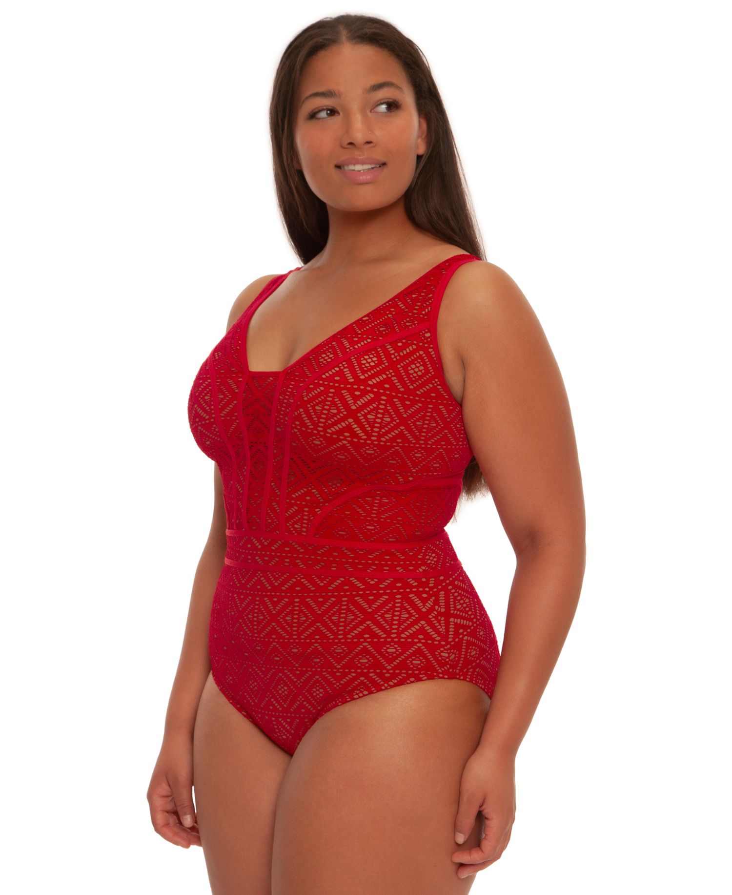Plus Size Color Play Crochet Plunge One-Piece Swimsuit