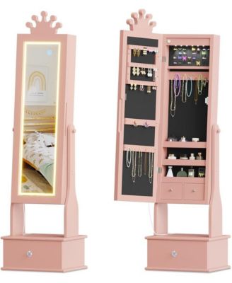Kids Jewelry Armoire with Full-Length Mirror and LED Light, Child Jewelry Cabinet with 3 Storage Drawers