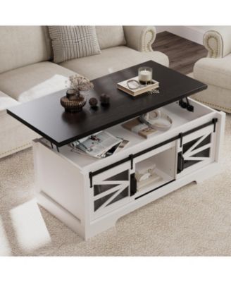  Lift Top Coffee Table, Multifunctional Table with Sliding Barn Door, Hidden Storage Compartment, Lifting Tabletop, Adjustable Shelf