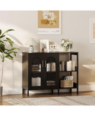 Sideboard Buffet Cabinet with Storage , Wooden Storage Cabinets with Glass Doors, Two Golden Metal Handles