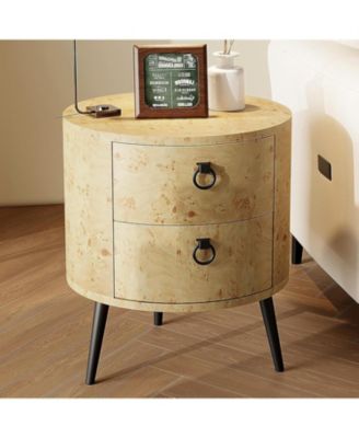 Modern Round Wood-Grain Side Table with 2 Drawers and Metal Legs