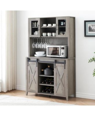 Farmhouse Coffee Bar and Wine Cabinet with Sliding Barn Doors  Tall Pantry Hutch  Wine and Glass Rack