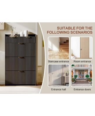 Wave Design Shoe Cabinet with 3 Slip Drawers, 2 Drawers, Raised Edges, Fluted Shoe Cabinet, Slim Hidden Shoe Organizer, Wooden Shoe Storage