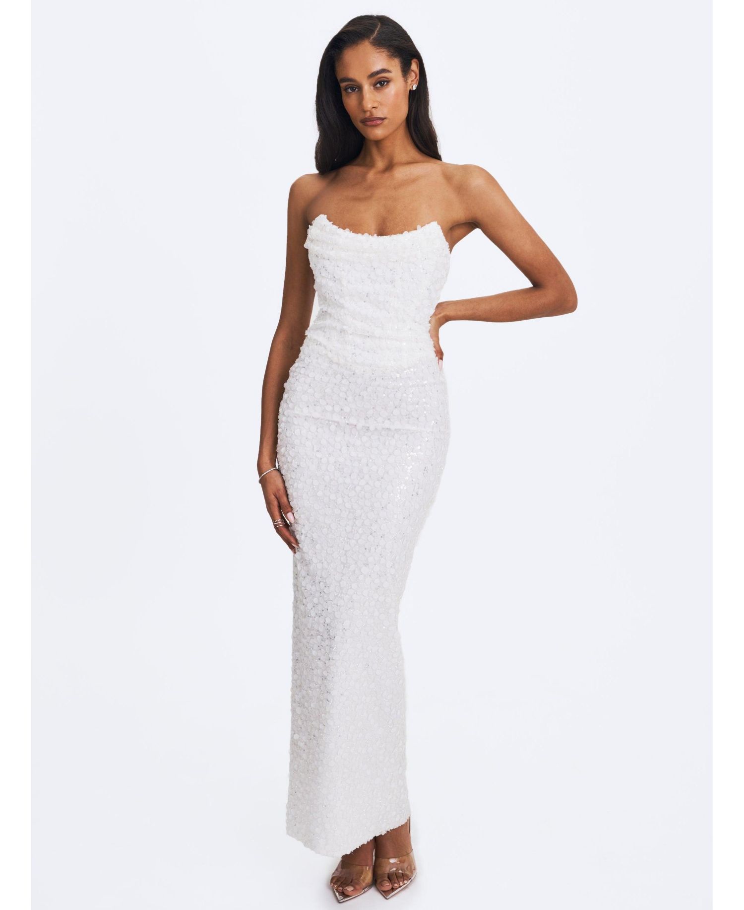 Women's Myra White Beaded Mesh Strapless Wedding Dress