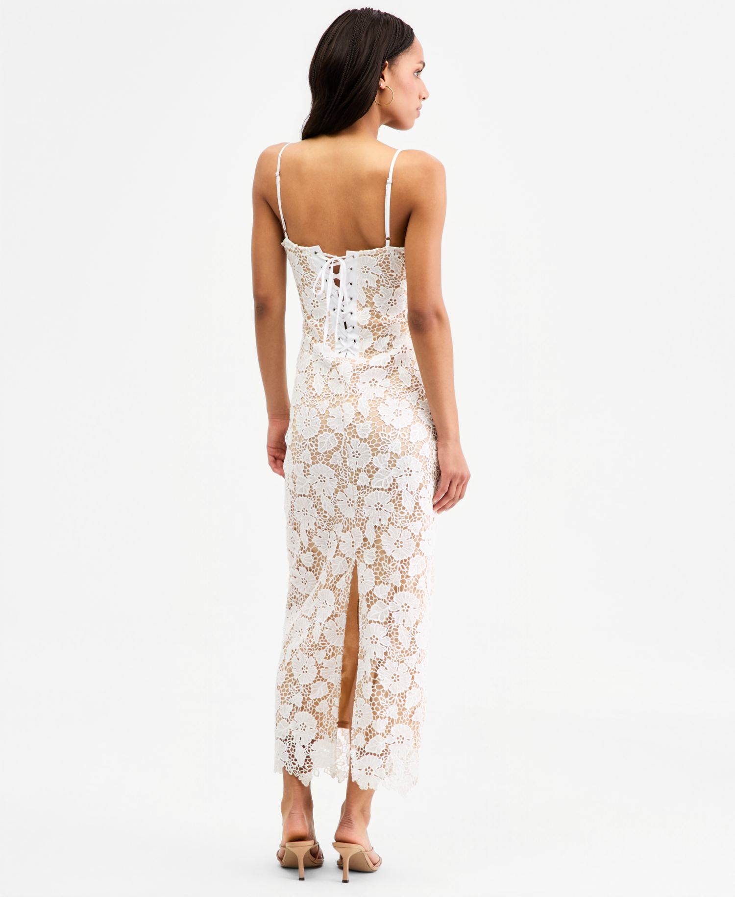 Juniors' Lace Sweetheart-Neck Lace-Up-Back Midi Dress