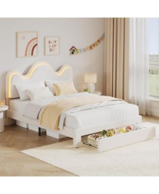 Queen Bed Frame Adjustable Upholstered Headboard Storage Drawers Boucle Lamb Fleece Led Kids Bed Wood Slats