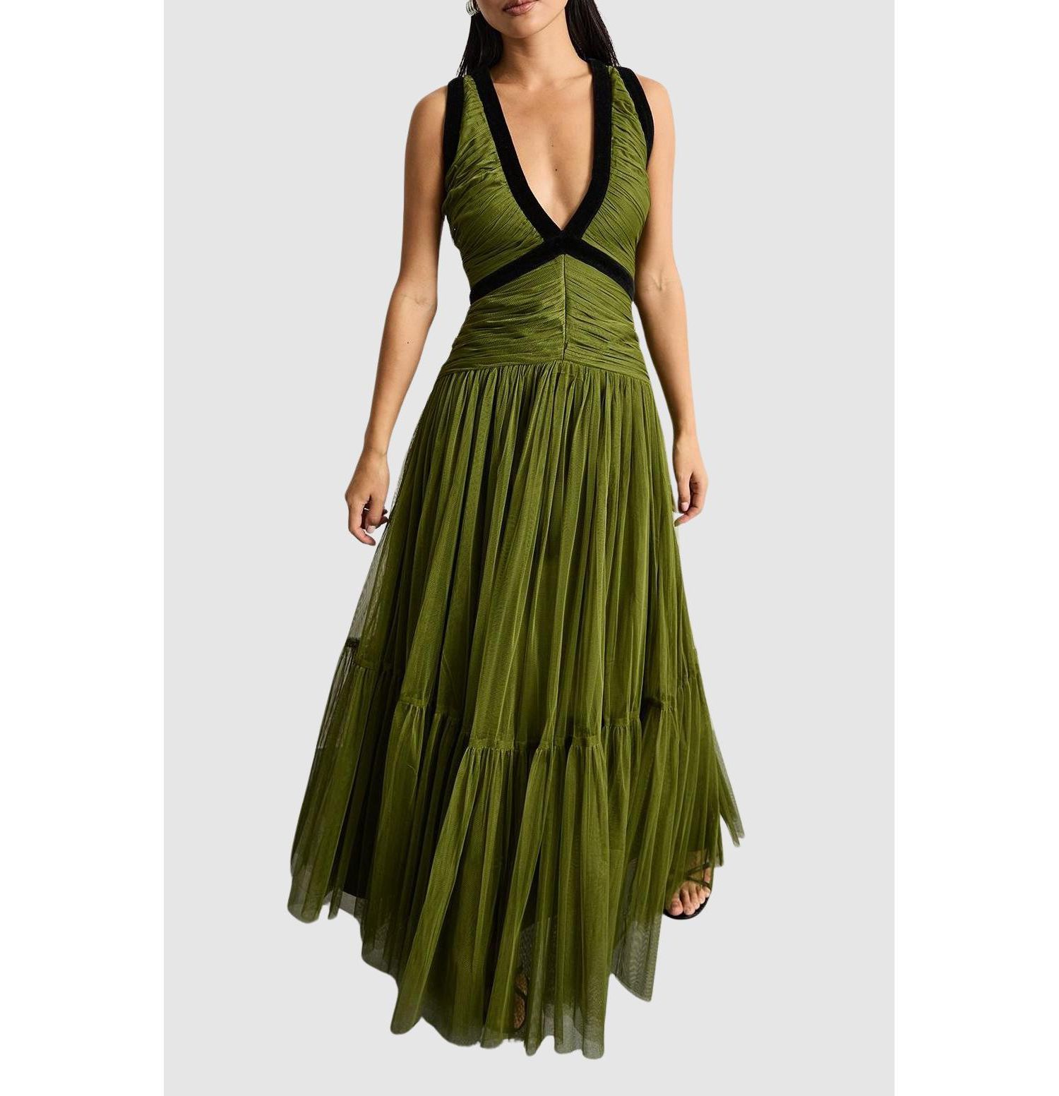 Women's Petite Velvet Trim Tulle Maxi Dress