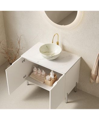 30" Freestanding Bathroom Vanity with Carrara Marble Top, Ceramic Bowl Sink & Double Door Storage Cabinet