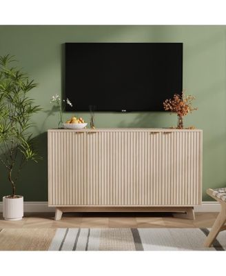 Fluted Cabinet with Storage Buffet Sideboard with Adjustable Shelves and Gold Handles for Living Room Entry and Kitchen Natural