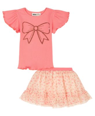 Girls' 2T-4T Flutter Sleeve Ribbed Top and Printed Tulle Skort, 2-Piece Set
