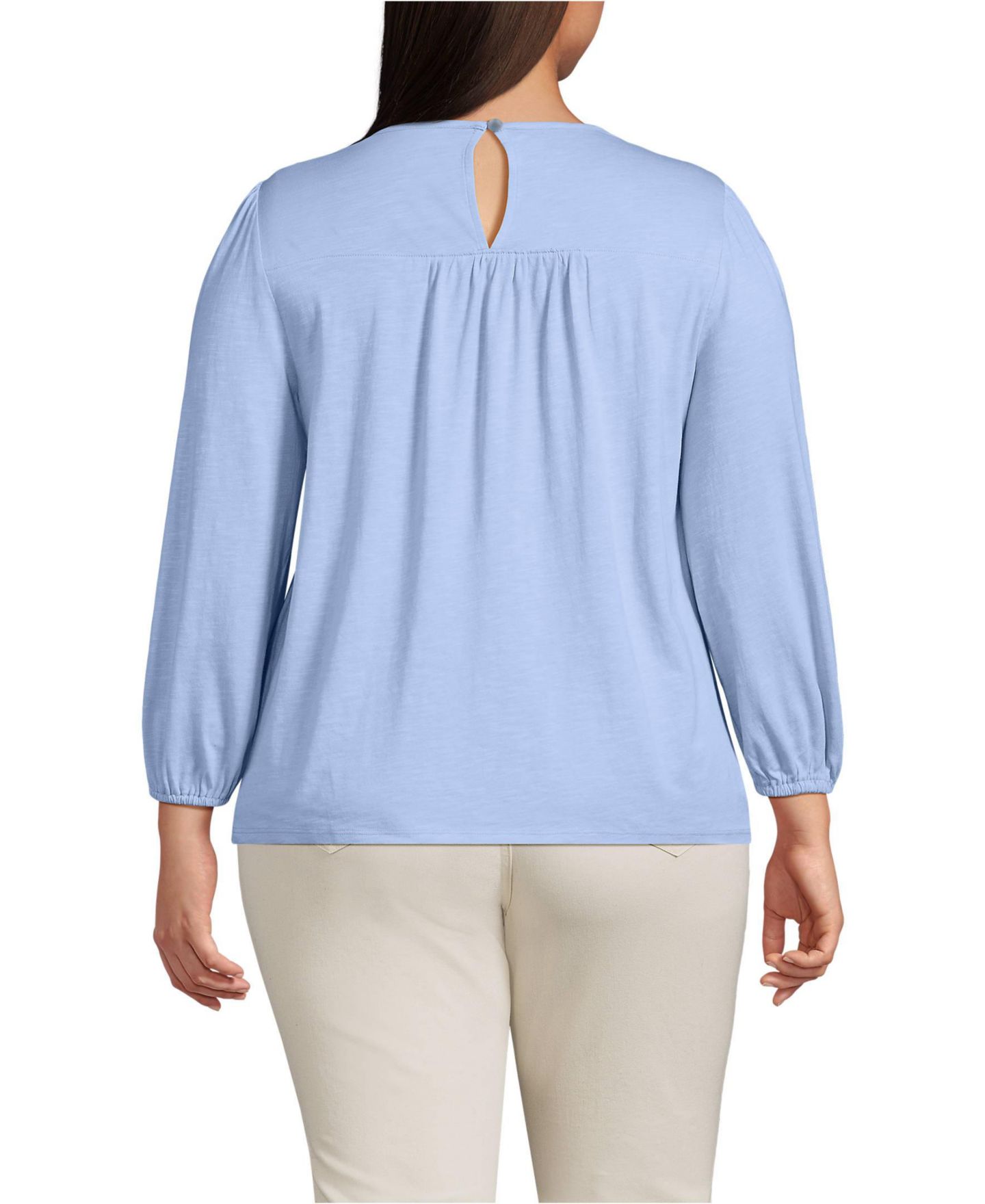 Женский топ Lands' End Plus Size 3/4 Sleeve Eyelet Mix Flowy, цвет: Светлый морской синий — фото 2