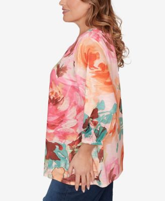 Plus Size Scalloped Neck Bold Floral Knit Top