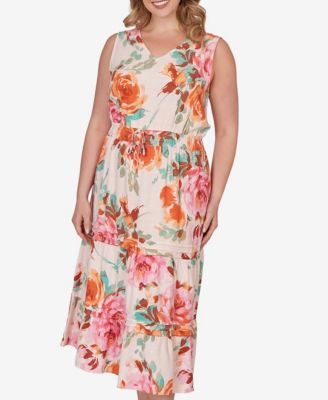Plus Size Drawstring Waist Floral Linen Tiered Dress