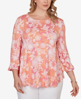 Plus Size Floral Puff Print Ruffle Knit Top