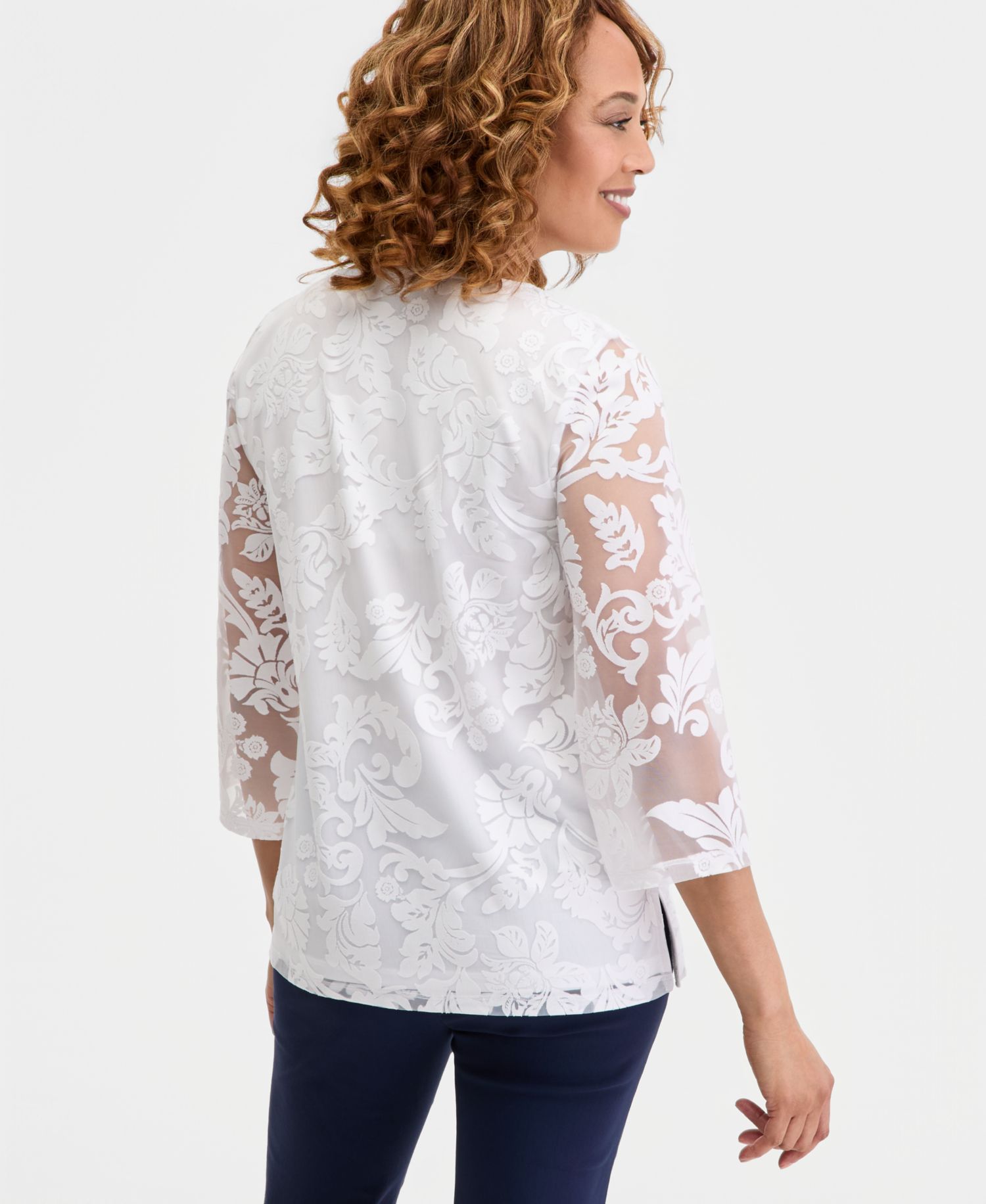 Women's 3/4-Sleeve Allover Burnout V-Neck Top
