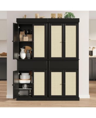 70" Rattan Pantry Cabinet, Pantry Storage Cabinet with 4 Doors, Freestanding Cupboard with 3 Adjustable Shelves