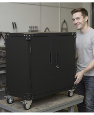 36" Metal Storage Cabinet, with Lock, Mobile Tool Cabinet with 2 Adjustable Shelves & 4 Wheels, Heavy Duty Steel Organizer for Garage, Workshop