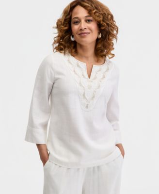 Women's Split-Neck Beaded Linen-Blend 3/4-Sleeve Top