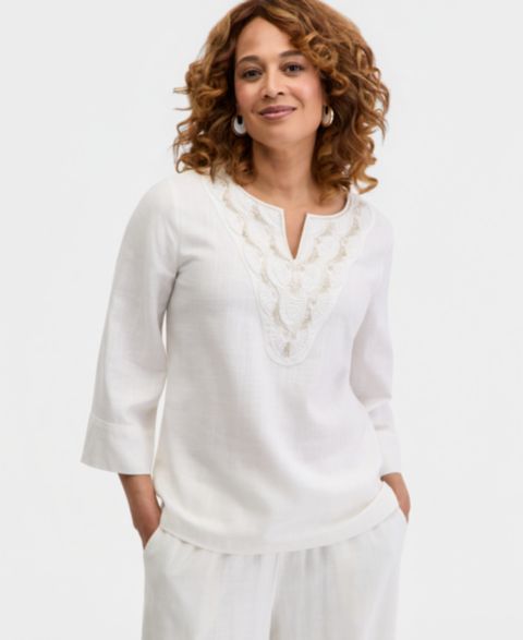 Женский топ JM Collection Split-Neck Beaded Linen-Blend 3/4-Sleeve Top, цвет: Яркий белый