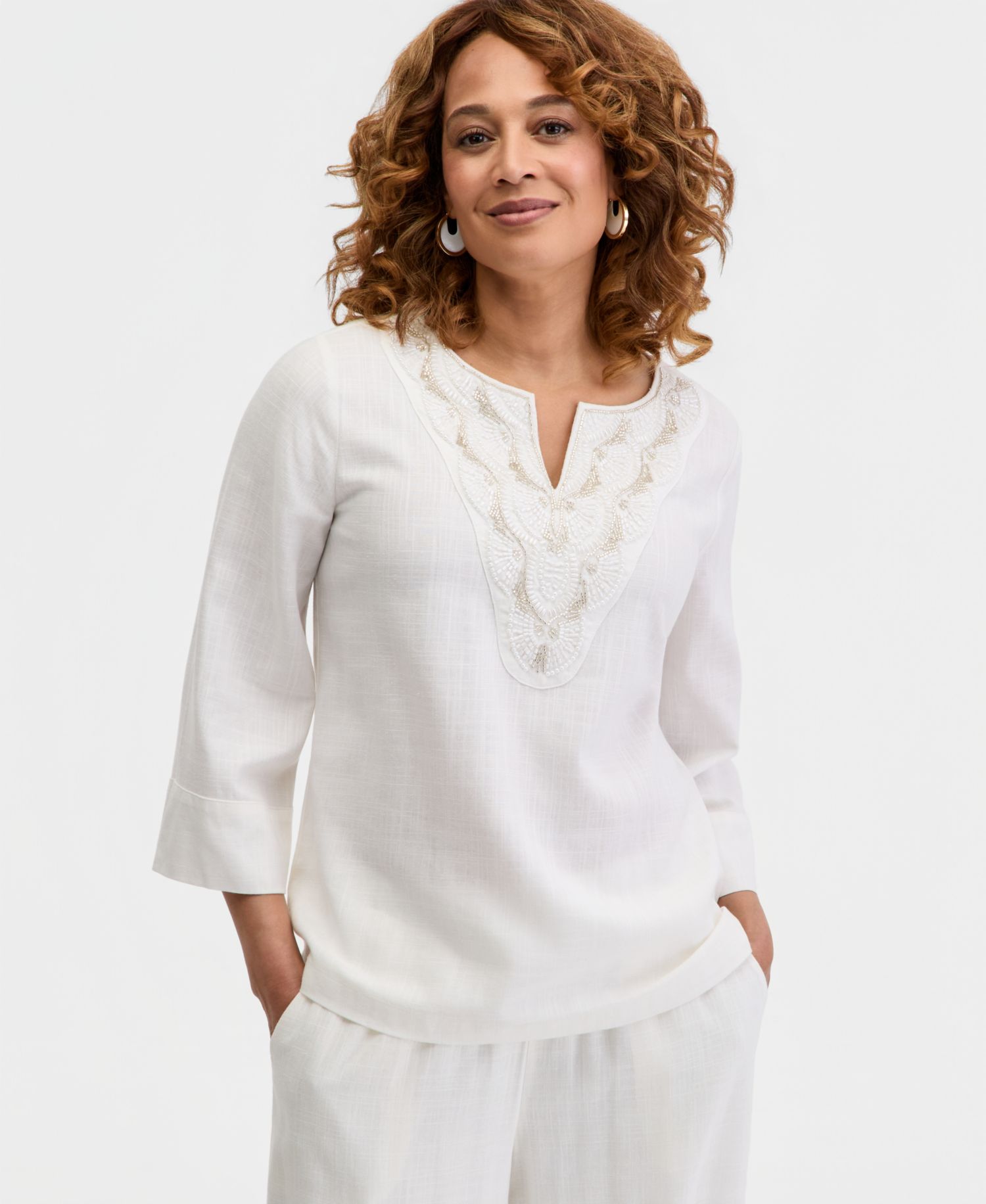 Women's Split-Neck Beaded Linen-Blend 3/4-Sleeve Top