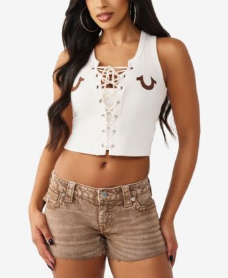 Women's Applique Lace Up Rib Tank Top