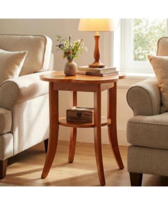 Solid Wood End Table Set of 2, 2-Tier Sofa Side Table with Storage Shelf, Mid Century Modern Wooden Bedside Nightstand, Walnut