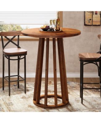 37.6 inch H Round Bar Table, Farmhouse Wooden Bistro Pub Table with Solid Wood Legs