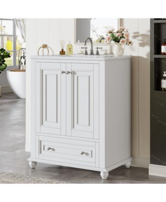 24" Modern Freestanding Solid Wood Bathroom Vanity with Ceramic Sink, Adjustable Shelf Storage, Soft-Close Cabinet & Drawer