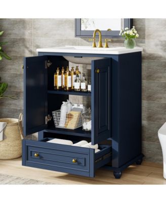 24" Modern Freestanding Solid Wood Bathroom Vanity with Ceramic Sink, Adjustable Shelf Storage, Soft-Close Cabinet & Drawer