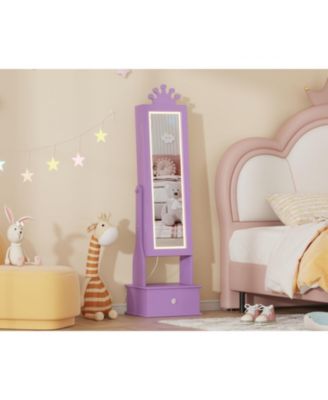 Kids Jewelry Armoire with Full-Length Mirror and LED Light, Child Jewelry Cabinet with 3 Storage Drawers