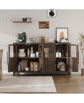 Sideboard Buffet Cabinet with 4 Glass Doors, 55 in Buffet Table Coffee Bar Wine Bar Display Cabinet for Kitchen Dining Room