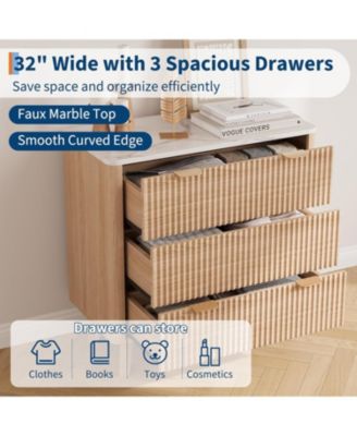 Fluted Nightstand, Modern 3 Drawer Bedside Table with Faux Marble Top, End Table for Bedroom Living Room