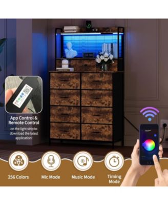 Rustic Dresser for Bedroom with Charging Station, App-Controlled RGB LED, Tall Dresser Storage Organizer with 11 Fabric Drawers