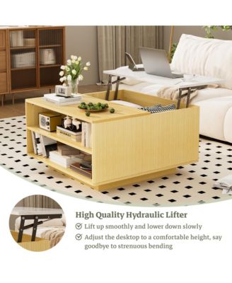 Lift Top Coffee Table with Storage - Fluted Wood Square Center Table with Open Storage, for Living Room, Home Office