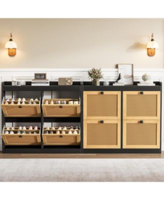 Shoe Cabinet with 4 Deep Flip Drawers, Base Freestanding Wooden Shoe Storage Cabinet with Rattan Door & 3 Tier Adjustable Shelves