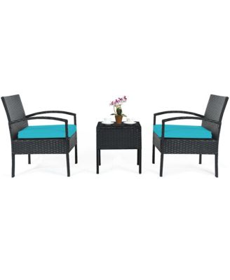3PCS Patio Rattan Furniture Set Coffee Table and Chairs Set with Seat Cushions Garden