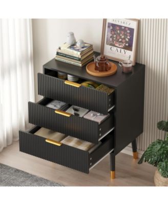 Fluted 3 Drawer Dresser Set of 2, Large Modern Nightstand Cabinet with Gold Metal Handles, End Table Wood Chest of Drawers for Bedroom