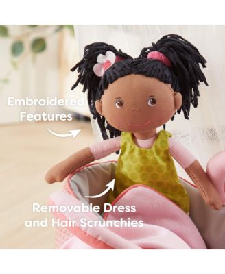 Cari 12" Black Baby Doll with Black Pigtails, Embroidered Face, Removable Green Dress, Machine Washable Soft Baby Doll - 18 Months+