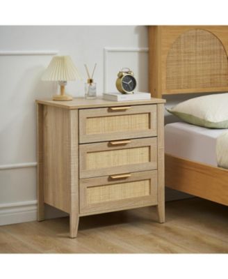 rattan nightstand with 3 drawers and a storage shelf, boho bedside table with sturdy wood legs, ideal for kids’ rooms or farmhouse bedrooms.
