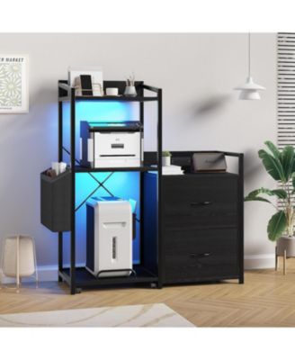 Printer Stand with Storage, 49.2" × 37.8" 3-Tier 3D Printer Table with 2 Drawers, Charging Station & LED Lights, Side Organizer Basket