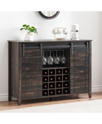 Farmhouse Bar Cabinet with Sliding Barn Doors, Rustic Liquor & Coffee Station with Wine Glass Racks & Adjustable Shelves.
