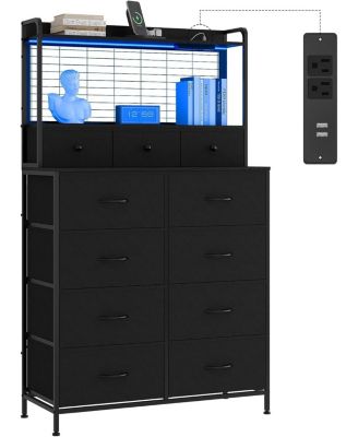 Rustic Dresser for Bedroom with Charging Station, App-Controlled RGB LED, Tall Dresser Storage Organizer with 11 Fabric Drawers