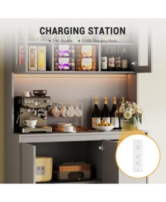 71 Inch Tall Grey Kitchen Pantry Cabinet with LED Lights Charging and Microwave Shelf