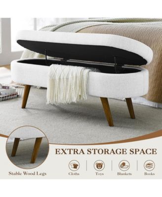 Oval Storage Ottoman Bench - Upholstered End of Bed Bench with Safety Hinge Flip Top and Solid Wood Legs for Bedroom