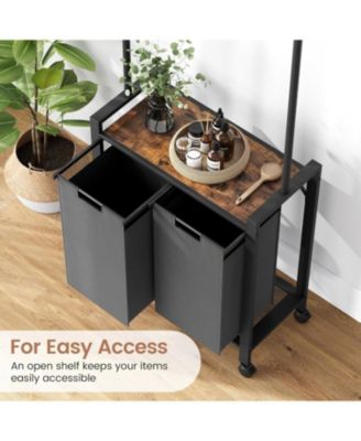 Rolling Laundry Sorter Hamper 2 Section Basket with Hanging Rack Plus Wheels Organizer for Laundry Room