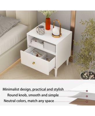 Modern Nightstand - Compact Bedside Table with Drawer, Open Shelf,  Knob and Solid Wood Legs for Bedroom, Living Room