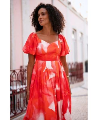 Women's Floral Midi Dress With Puff Sleeves