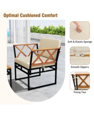 Set Of 7 Outdoor Conversation Set Acacia Wood Chairs and Coffee Tables Set w/Ottomans