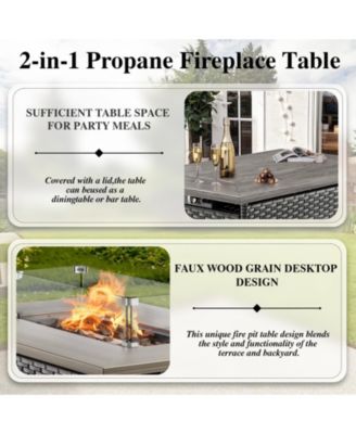 5 Pieces Patio Furniture Set, Rattan Wicker Outdoor, 4 Rattan Swivel Chairs w/30in Propane Fire Pit Table and Thickened Cushions